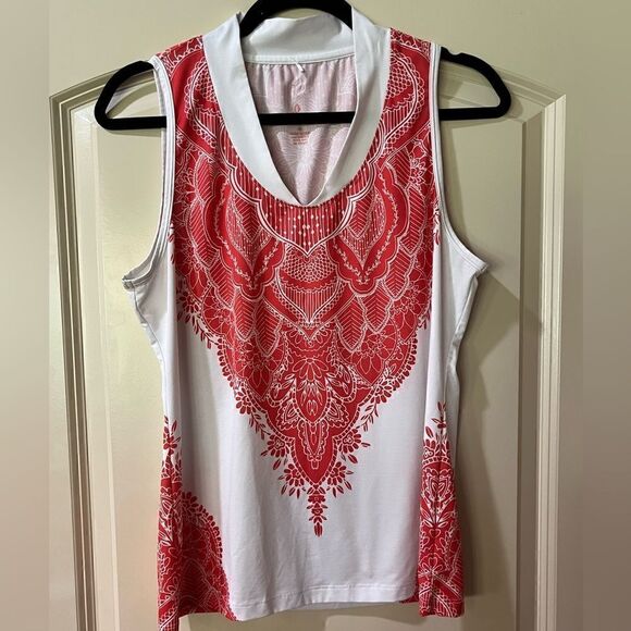 PRANA Sleeveless Abstract Prints Scoop Neck Top Red White Women’s Size Medium - Picture 1 of 6